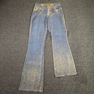 Vintage Bongo Let Me B. Flocked Flare Jeans Womens 1 Button Fly No Back Pockets